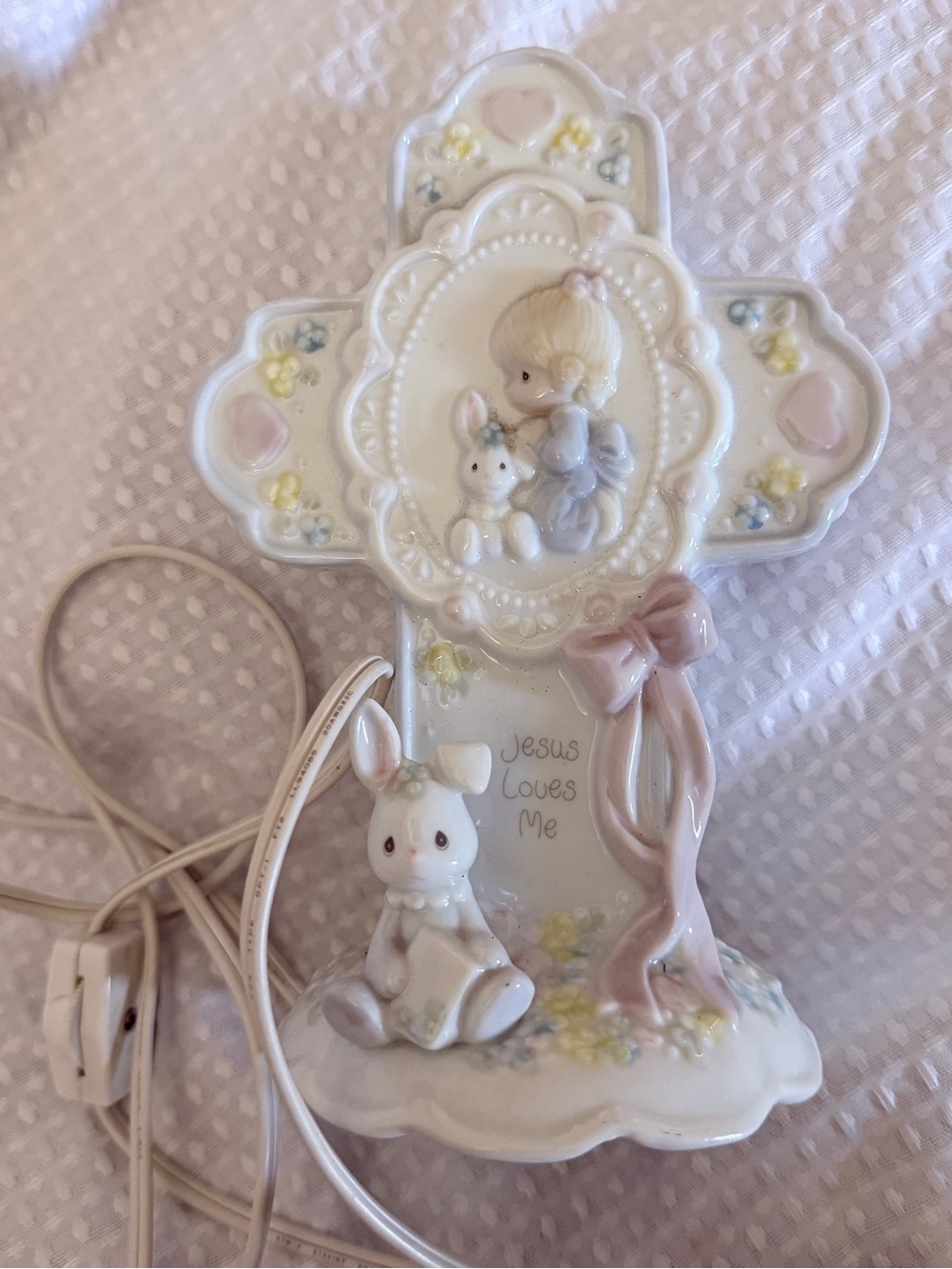 Porcelain Cross Night Light in Pink and Cream with Bunny Accent